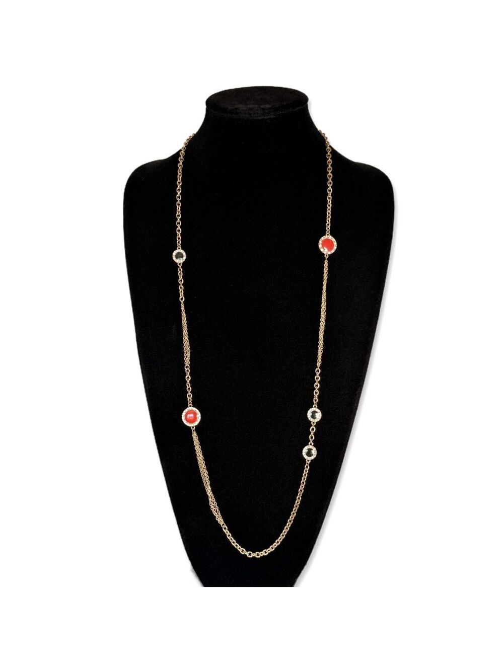 J Crew Gold Station Necklace Red & Black Enamel Discs w Crystal Accents | NWT